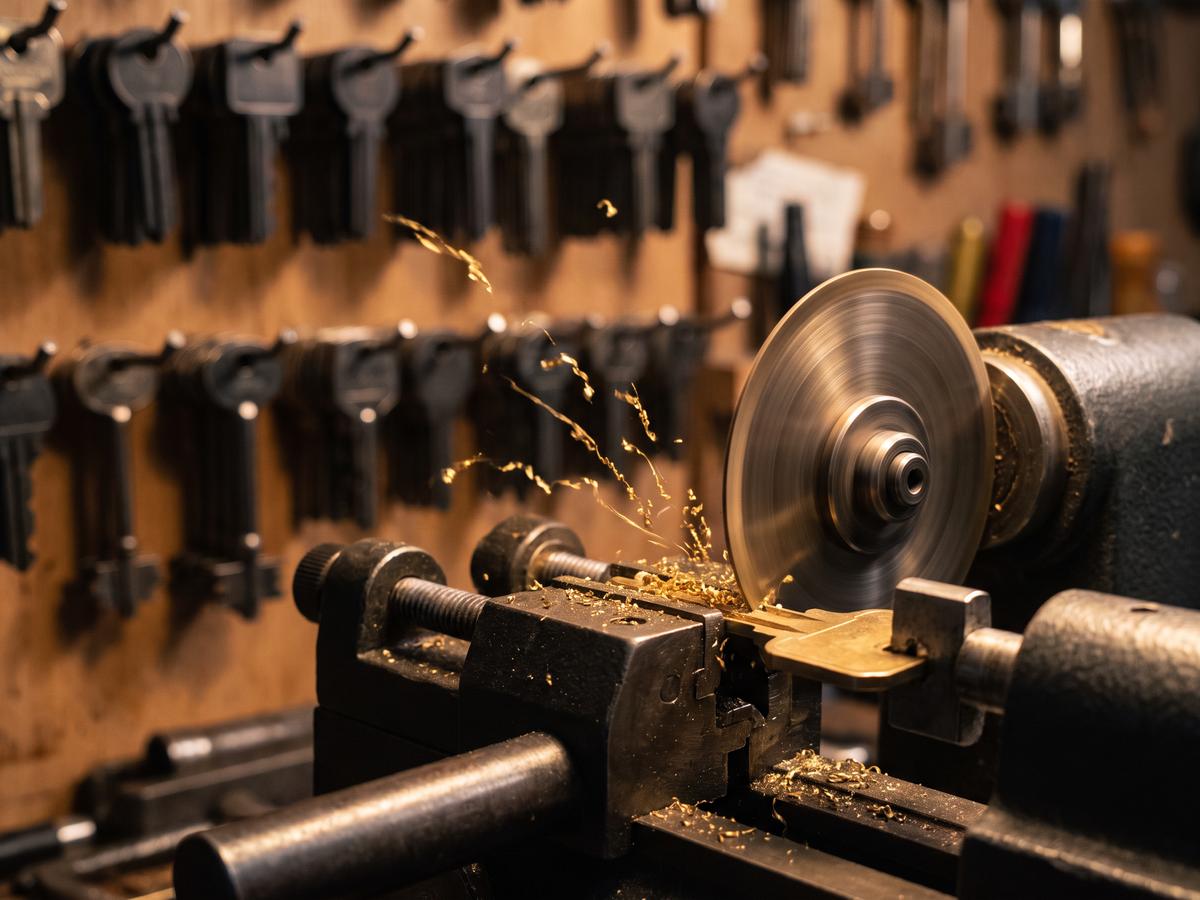 Key cutting machine cutting a new brass key