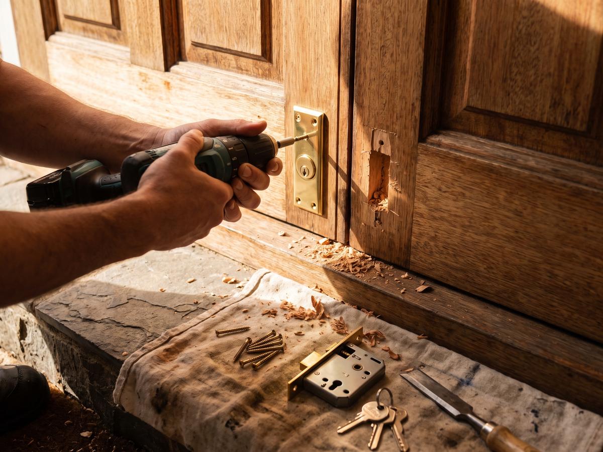 New brass deadbolt being installed on a timber front door