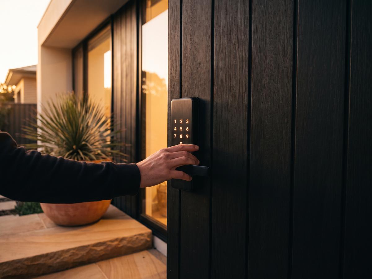 Finger on the glowing keypad of a smart lock on a modern front door