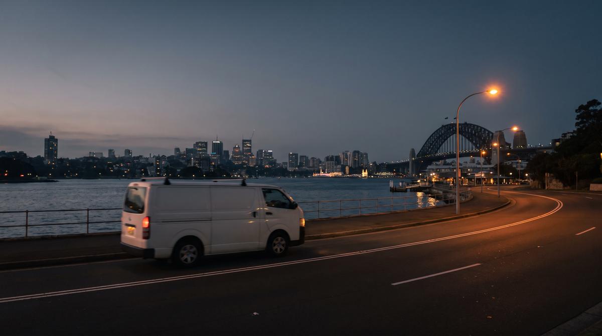 Service van parked on a Sydney street at dusk