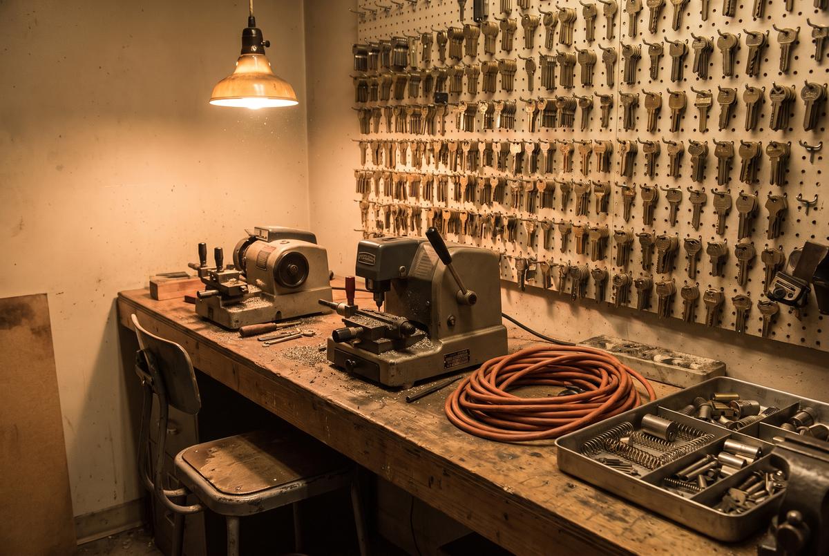 Local locksmith workbench with key cutting machine and tools