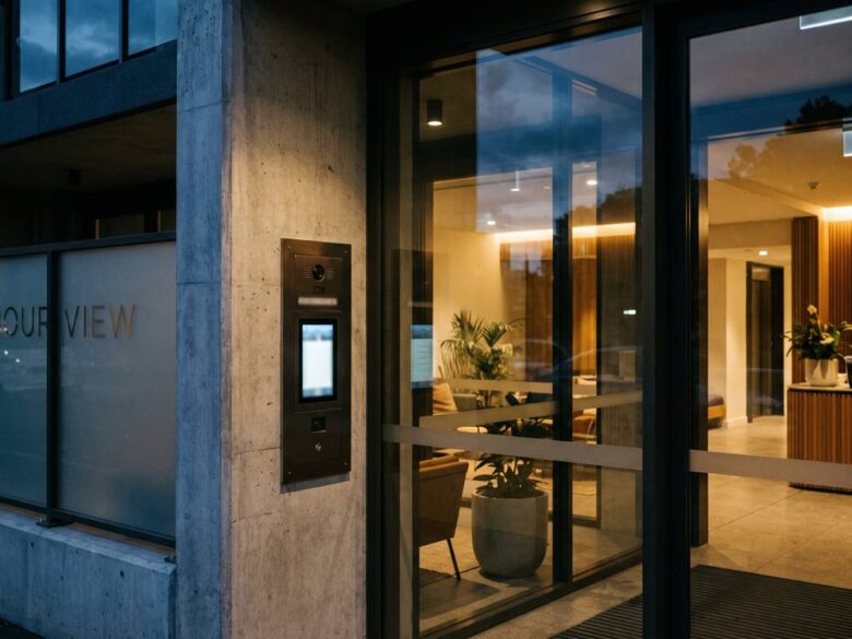 Apartment building intercom and electronic access panel at dusk