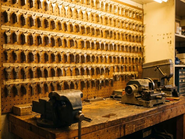 Locksmith workshop wall of key blanks above a workbench