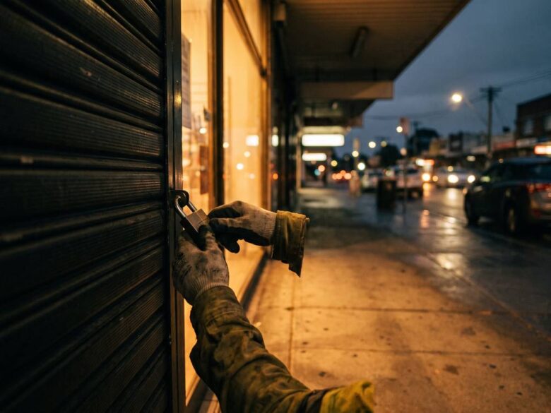 Retail roller shutter being locked on a Sydney shopping strip at dusk