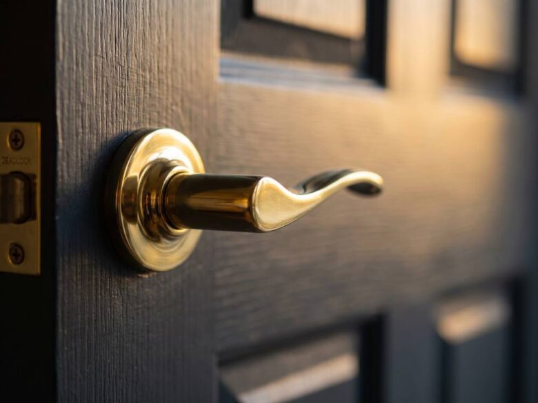 Polished brass door handle and deadlock on a dark timber door