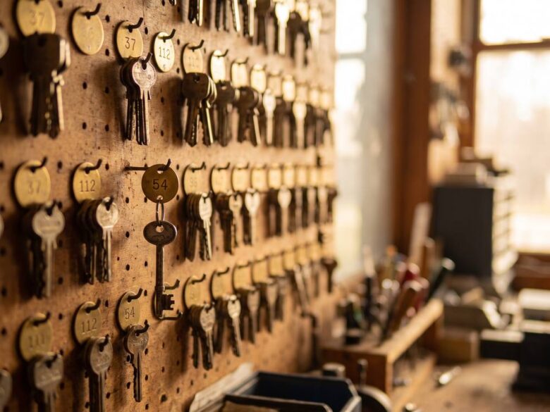 Tagged customer keys on numbered brass tags in the workshop