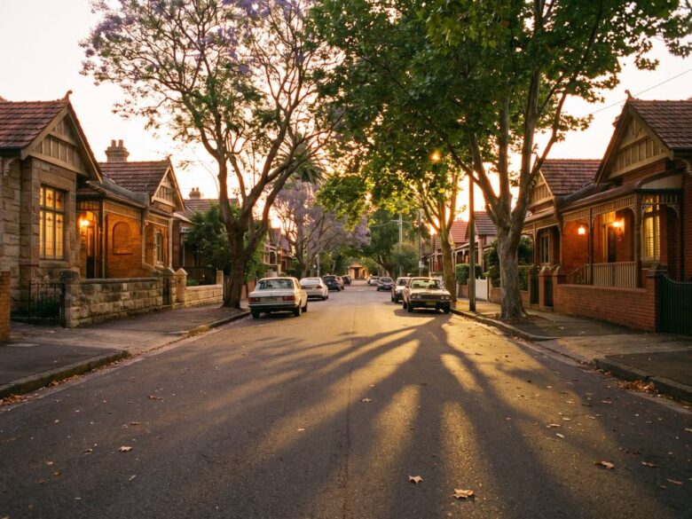 Leafy Sydney suburban street at golden hour with porch lights glowing