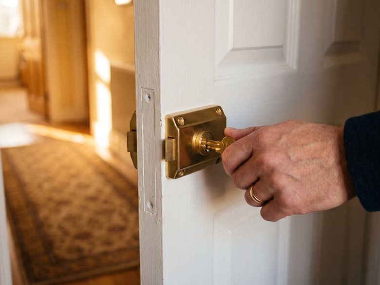 Hand turning a new brass key in a freshly installed deadlock