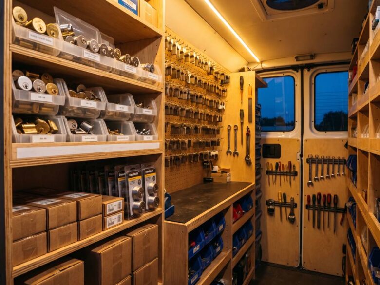 Inside the service van with tidy shelving of locks and tools
