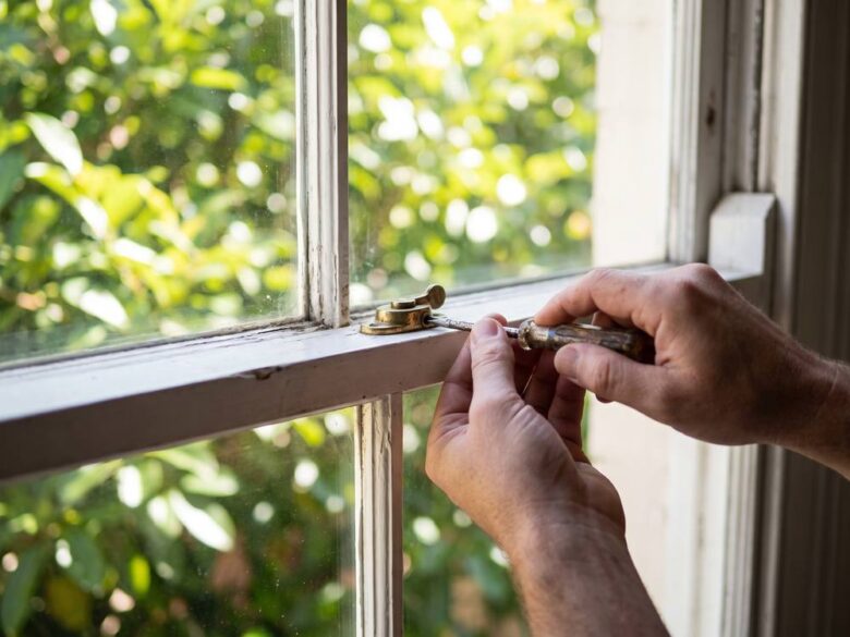 Window lock being fitted to a timber sash window